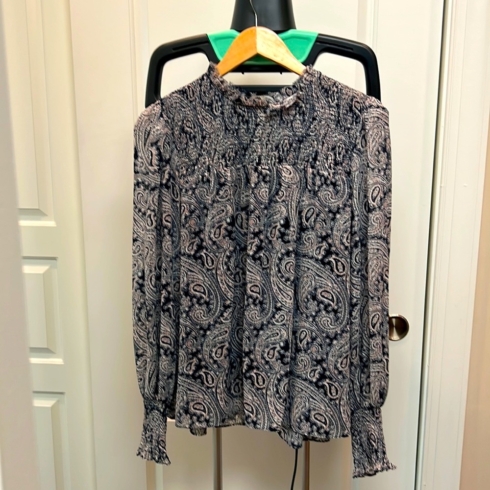 CINQ À SEPT Stephanie Long-Sleeve Paisley Blouse Ruffle Neck Keyhole Back LARGE
